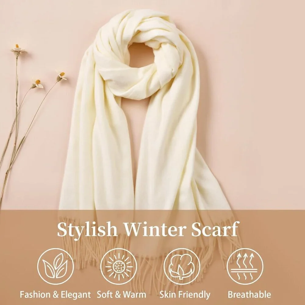 Women's Cream White Winter Classic Pashmina Shawls Cashmere Feel Scarves Wraps